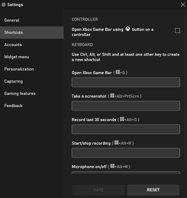 Configuración de accesos directos de Xbox Game Bar